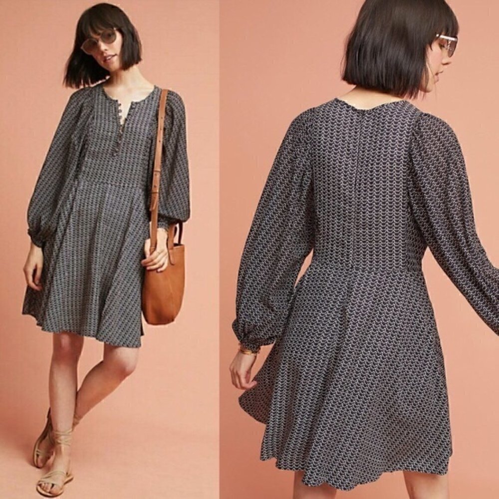 Anthropologie Maeve Niyala Dress XS Boho Printed Black Long Sleeve A-Line Mini